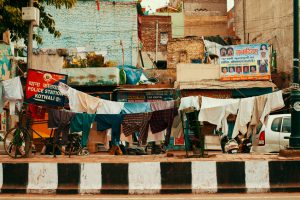 Delhi, India - September 23, 2015: Indian domestic life on the streets of India. Clothes drying on a rope