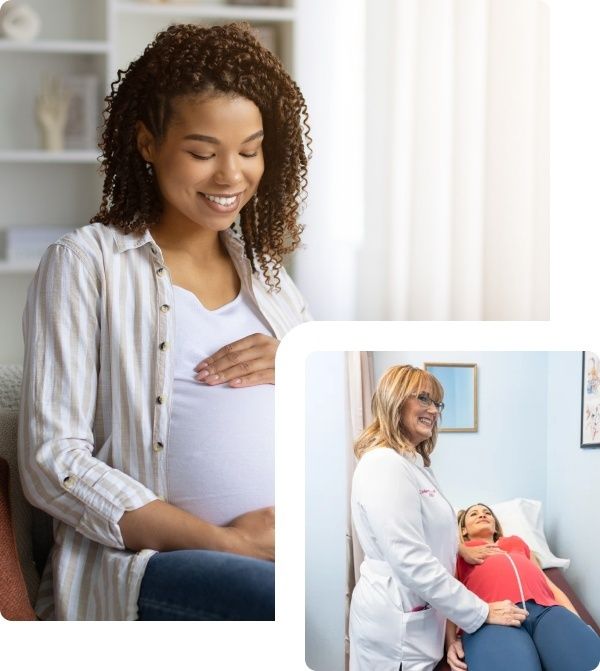 Gravid kvinna håller handen på magen bredvid bild av vårdpersonal